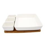 Square Serving Bowl with 3 Dip Bowls and Wooden Tray Set