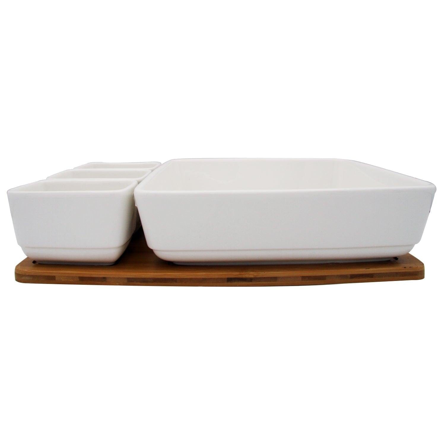 Square Serving Bowl with 3 Dip Bowls and Wooden Tray Set