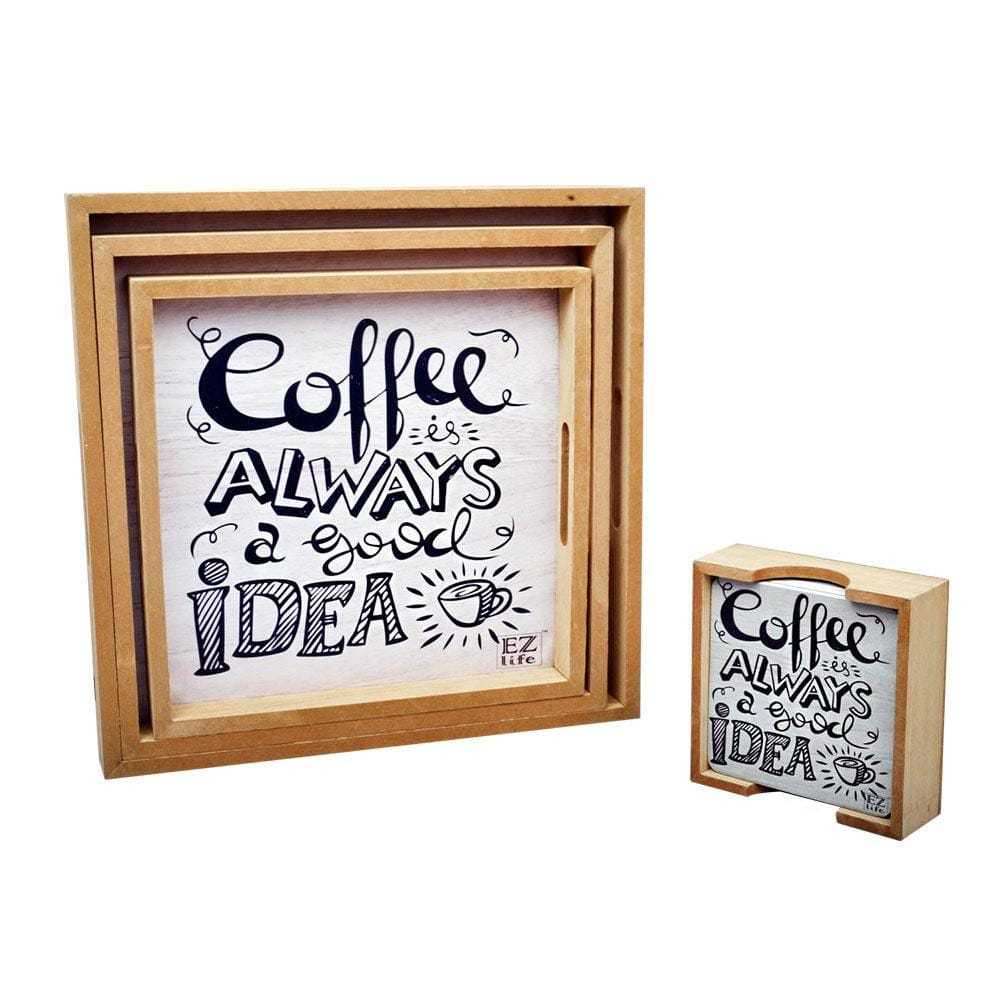 Coffee Ideas - 3 Square Serving Trays & 6 Coasters with Holder Set