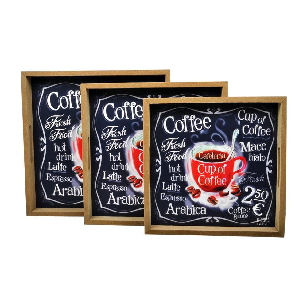 Coffee Cup - 3 Square Wooden Serving Trays Set