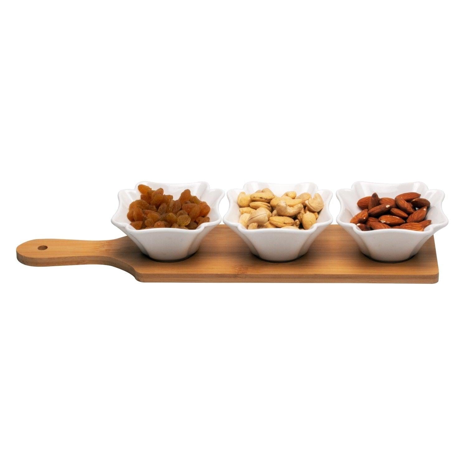 3 Square Shaped Ceramic Bowls Serving Platter with Wooden Tray Set