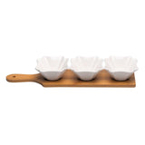 3 Square Shaped Ceramic Bowls Serving Platter with Wooden Tray Set