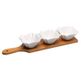 3 Square Shaped Ceramic Bowls Serving Platter with Wooden Tray Set