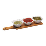 3 Square Shaped Ceramic Bowls Serving Platter with Wooden Tray Set