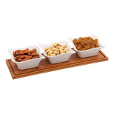3 Classy Squarish Sway Ceramic Bowls Serving Platter with Wooden Tray Set