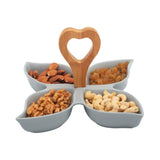 4 Compartment Star Gray Ceramic Serving Platter with Wooden Handle
