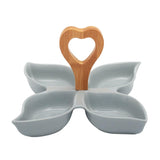 4 Compartment Star Gray Ceramic Serving Platter with Wooden Handle