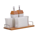 White Ceramic Oil & Vinegar Bottle, Salt Pepper Shakers & Tissue Holder on Wooden Tray