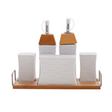 White Ceramic Oil & Vinegar Bottle, Salt Pepper Shakers & Tissue Holder on Wooden Tray