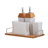 White Ceramic Oil & Vinegar Bottle, Salt Pepper Shakers & Tissue Holder on Wooden Tray