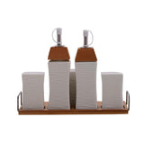 White Ceramic Oil & Vinegar Bottle, Salt Pepper Shakers & Tissue Holder on Wooden Tray