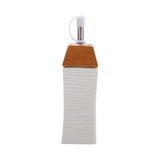 White Ceramic Oil & Vinegar Bottle, Salt Pepper Shakers & Tissue Holder on Wooden Tray