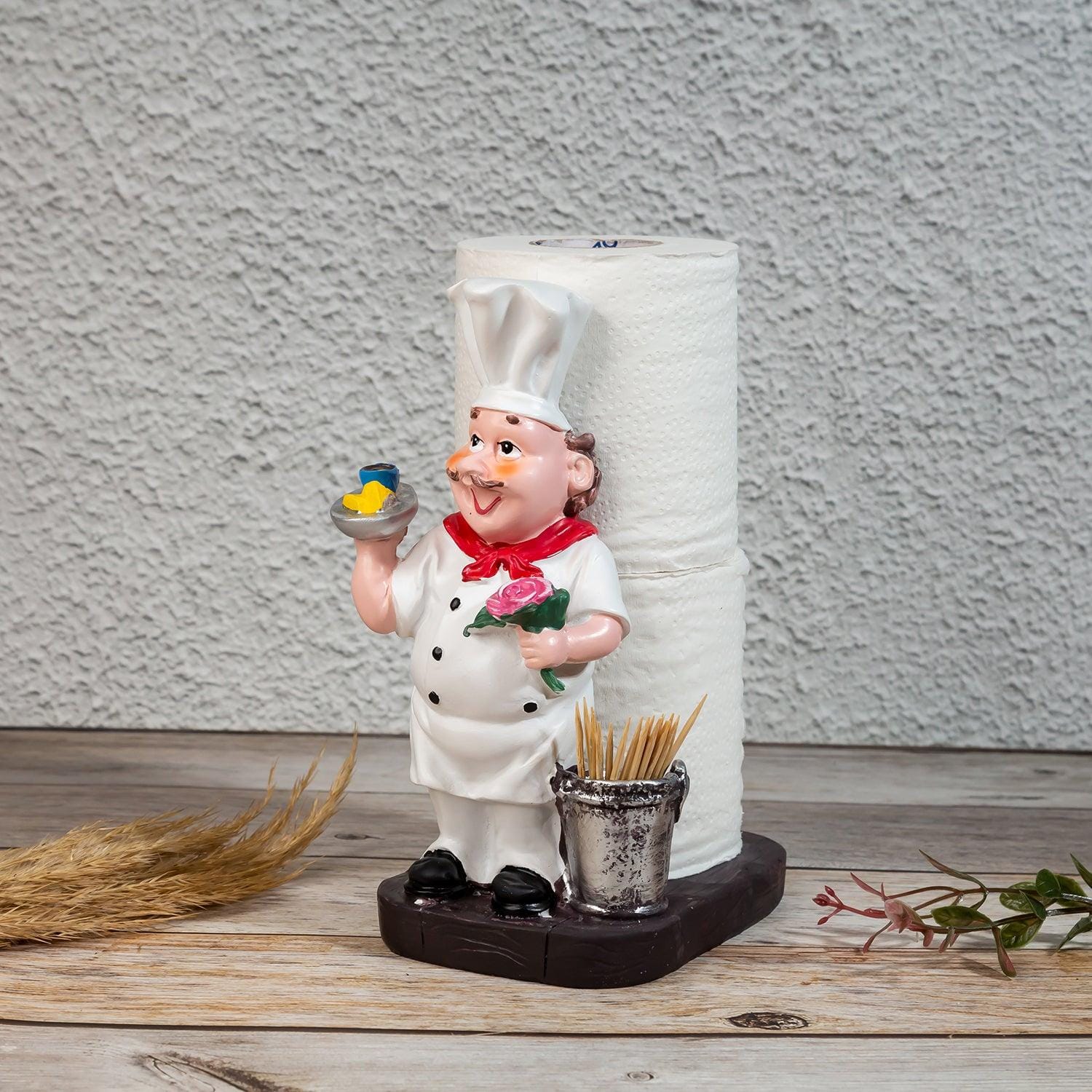 Foodie Chef Figurine Resin Kitchen Tissue Roll Holder with Toothpick Holder (Silver Bucket)