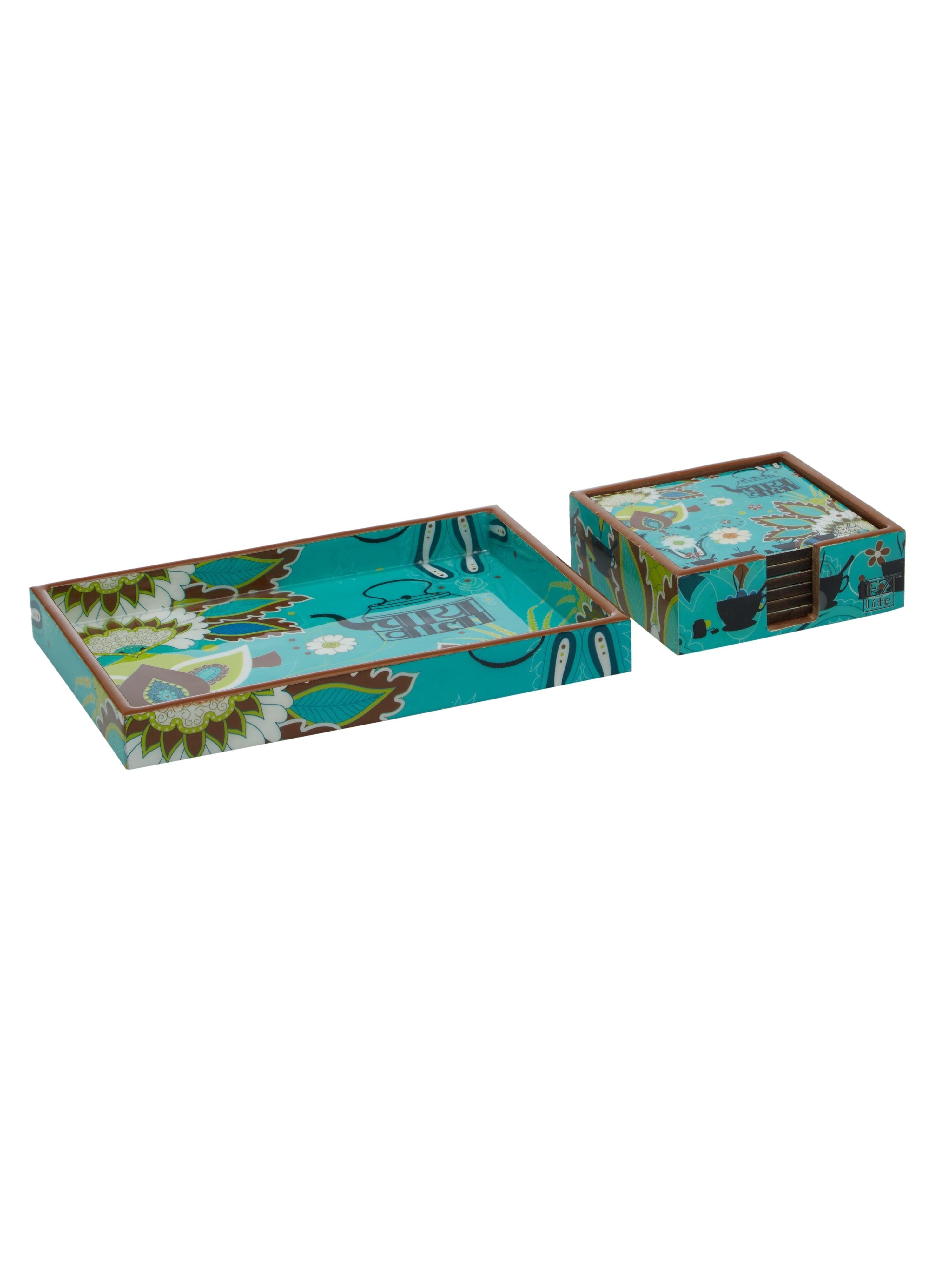 Chaiwala - 9 Inch Wooden Tray & 6 Wooden Coasters with Holder Set (Blue)