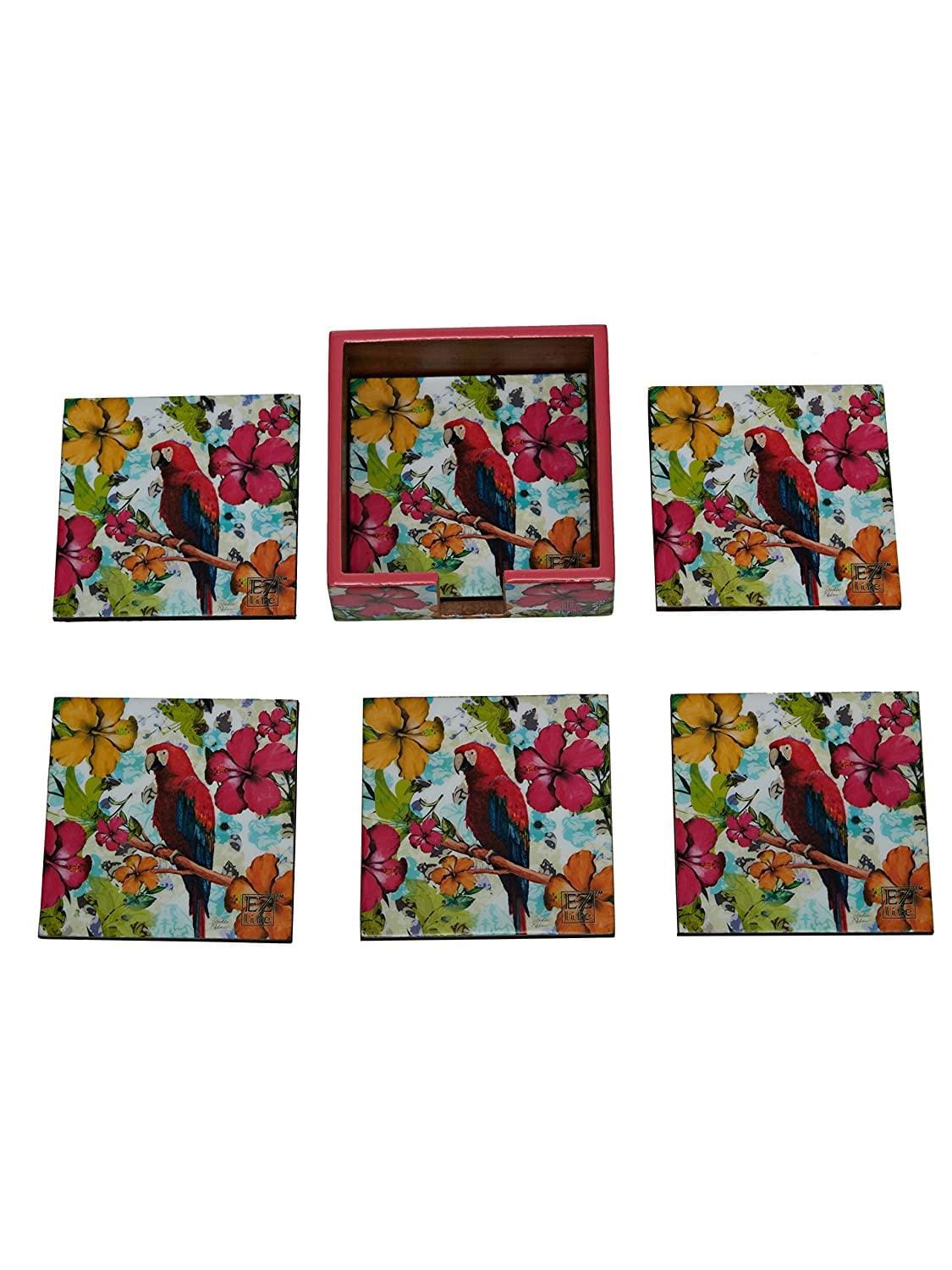 Perky Parrot - 9 Inch Wooden Tray & 6 Wooden Coasters with Holder Set (Red)