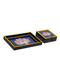 Serene Lotus - 9 Inch Wooden Tray & 6 Wooden Coasters with Holder Set (Navy Blue)