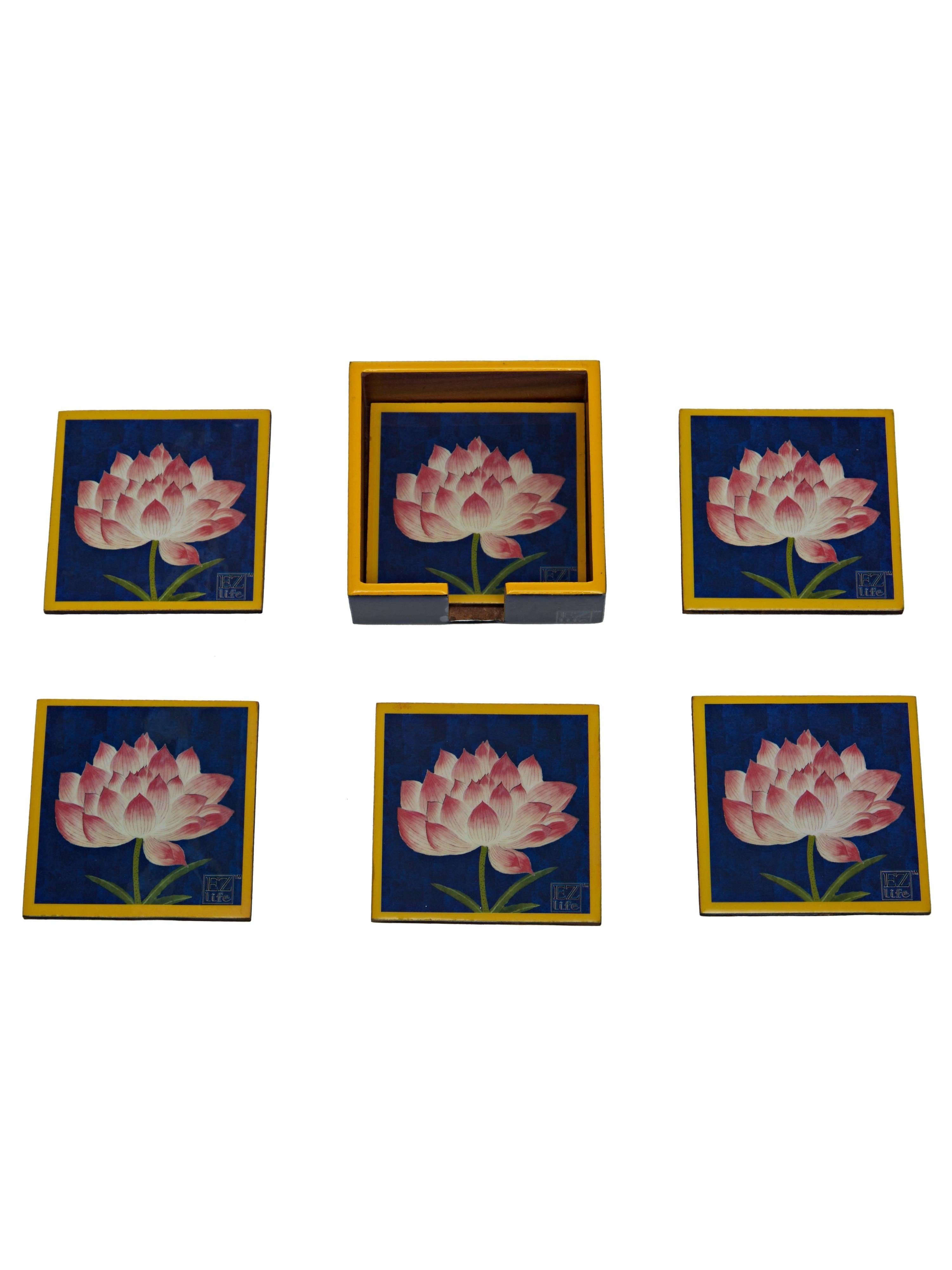 Serene Lotus - 9 Inch Wooden Tray & 6 Wooden Coasters with Holder Set (Navy Blue)