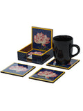 Serene Lotus - 9 Inch Wooden Tray & 6 Wooden Coasters with Holder Set (Navy Blue)