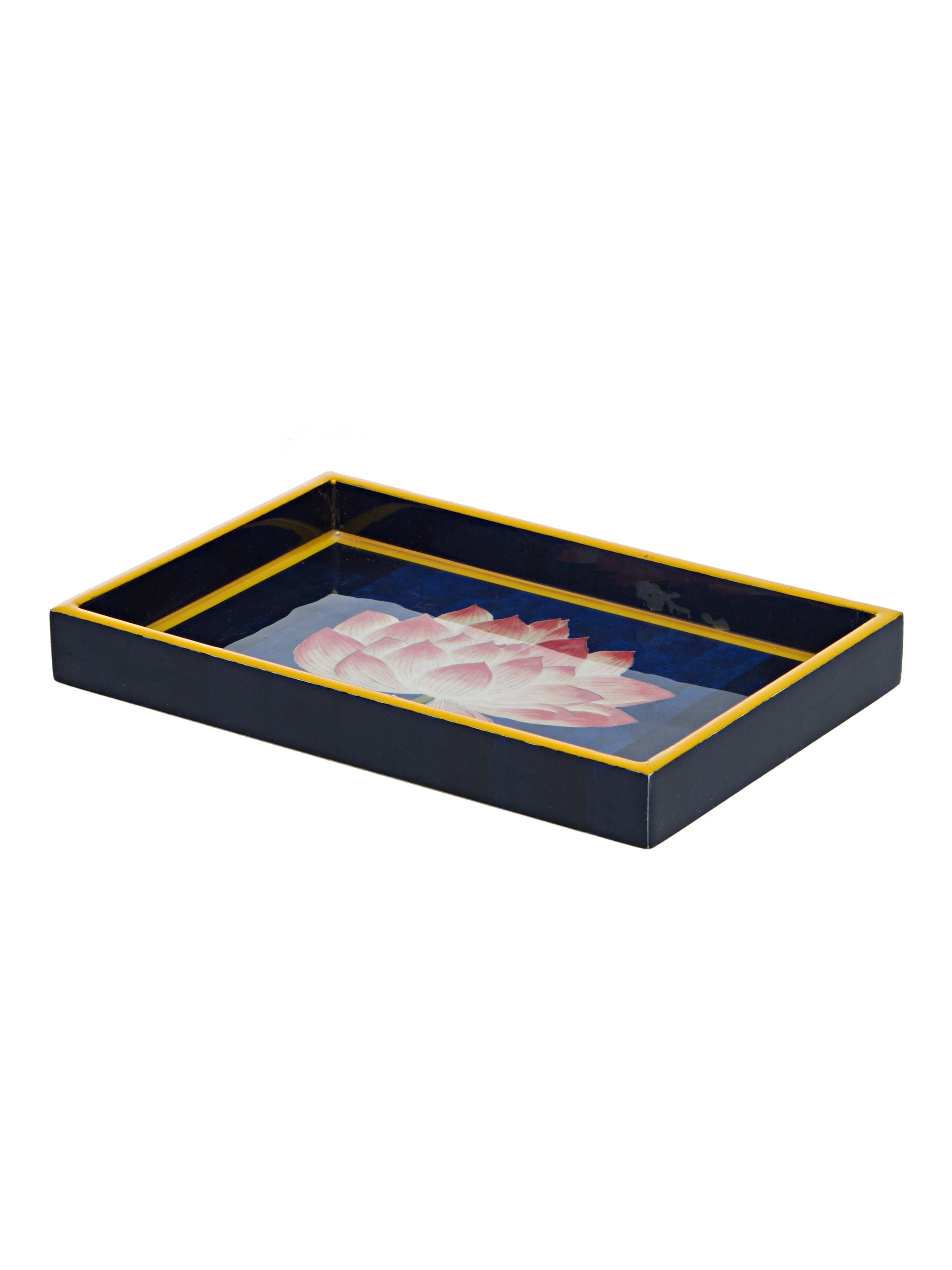 Serene Lotus - 9 Inch Wooden Tray & 6 Wooden Coasters with Holder Set (Navy Blue)
