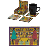 Shopaholic - 9 Inch Wooden Tray & 6 Wooden Coasters with Holder Set (Yellow)