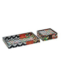Zig Zag Blossom - 9 Wooden Inch Tray & 6 Wooden Coasters with Holder Set (Blue)