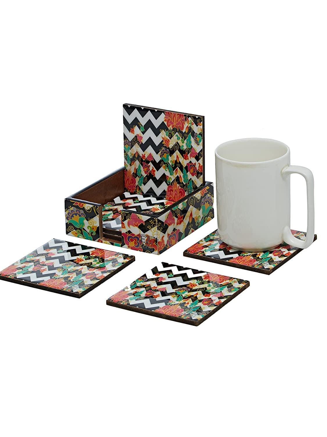 Zig Zag Blossom - 9 Wooden Inch Tray & 6 Wooden Coasters with Holder Set (Blue)