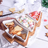 White Ceramic Tree Serving Platter with 3 Separate Compartments and Wooden Tray Set