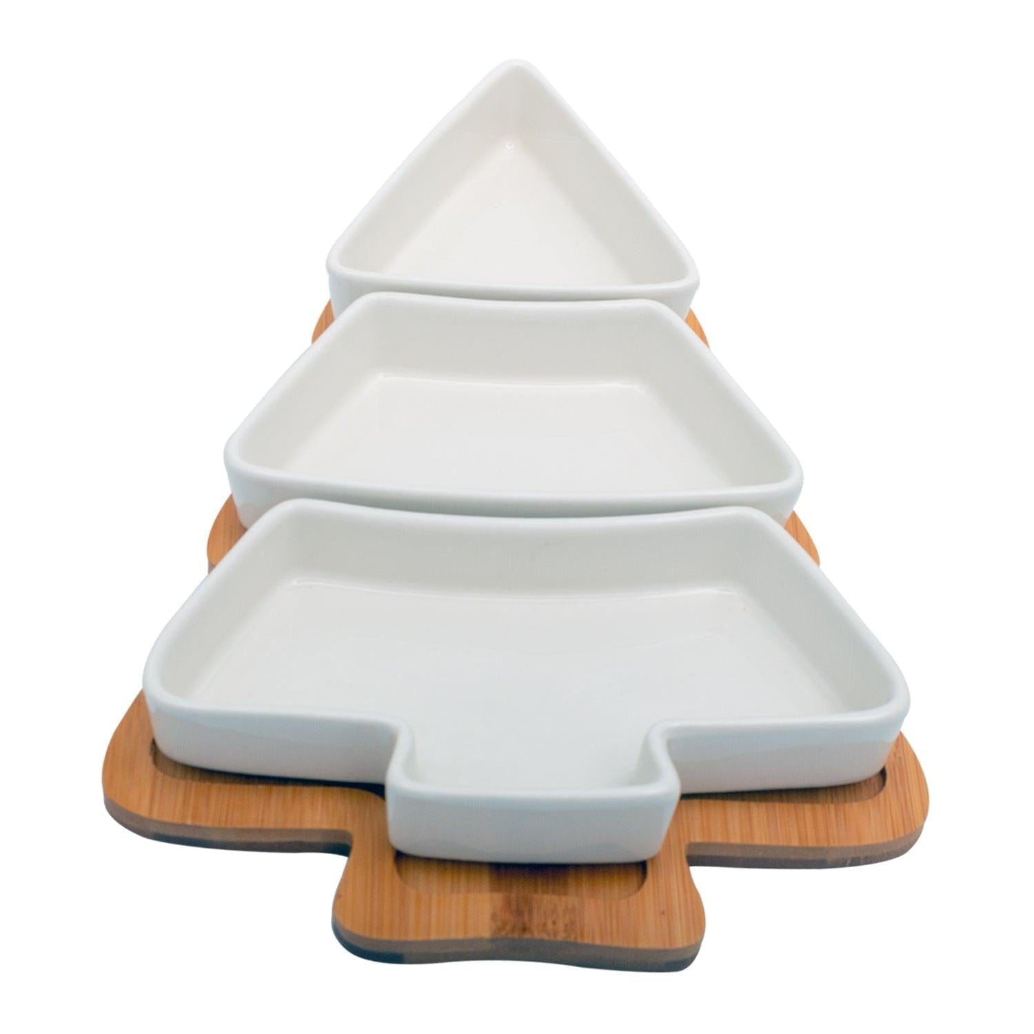 White Ceramic Tree Serving Platter with 3 Separate Compartments and Wooden Tray Set