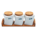 Tea, Coffee, Sugar - 3 White Ceramic Twist Jars with Lid on Wooden Tray Set