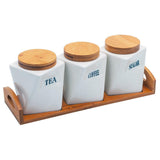 Tea, Coffee, Sugar - 3 White Ceramic Twist Jars with Lid on Wooden Tray Set