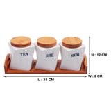 Tea, Coffee, Sugar - 3 White Ceramic Twist Jars with Lid on Wooden Tray Set