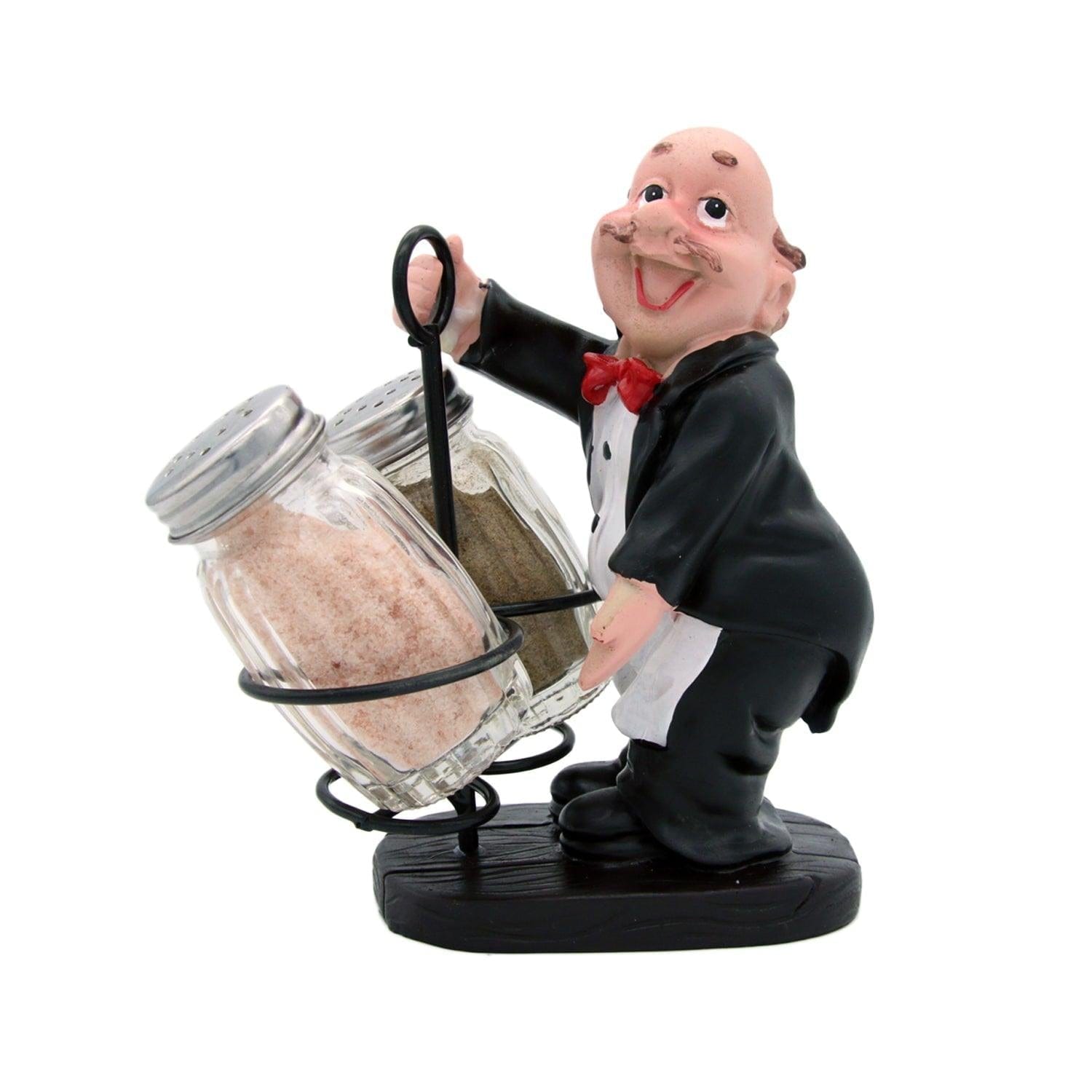 Whacky Waiter in Black Coat Figurine Resin Salt & Pepper Shakers Holder Set