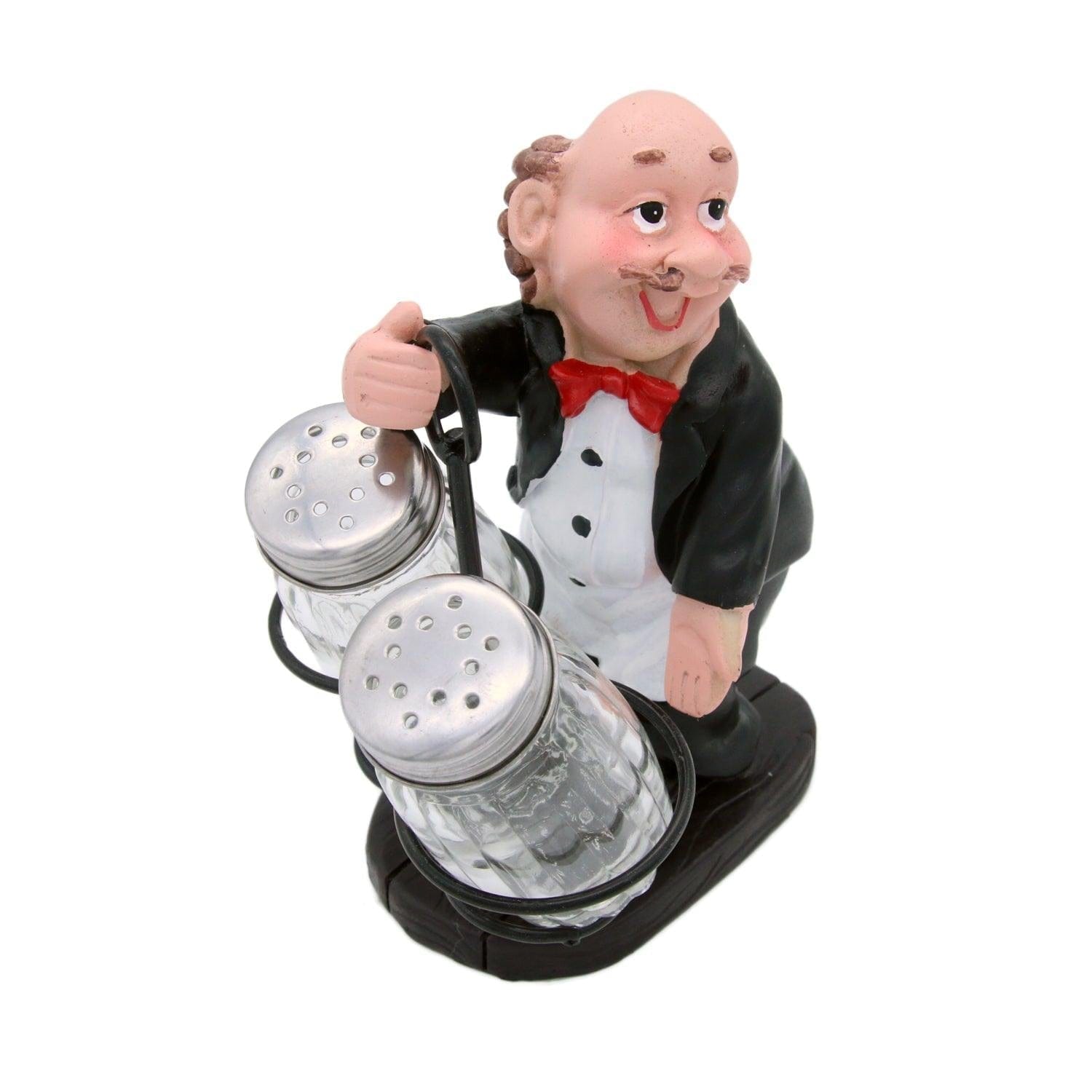 Whacky Waiter in Black Coat Figurine Resin Salt & Pepper Shakers Holder Set