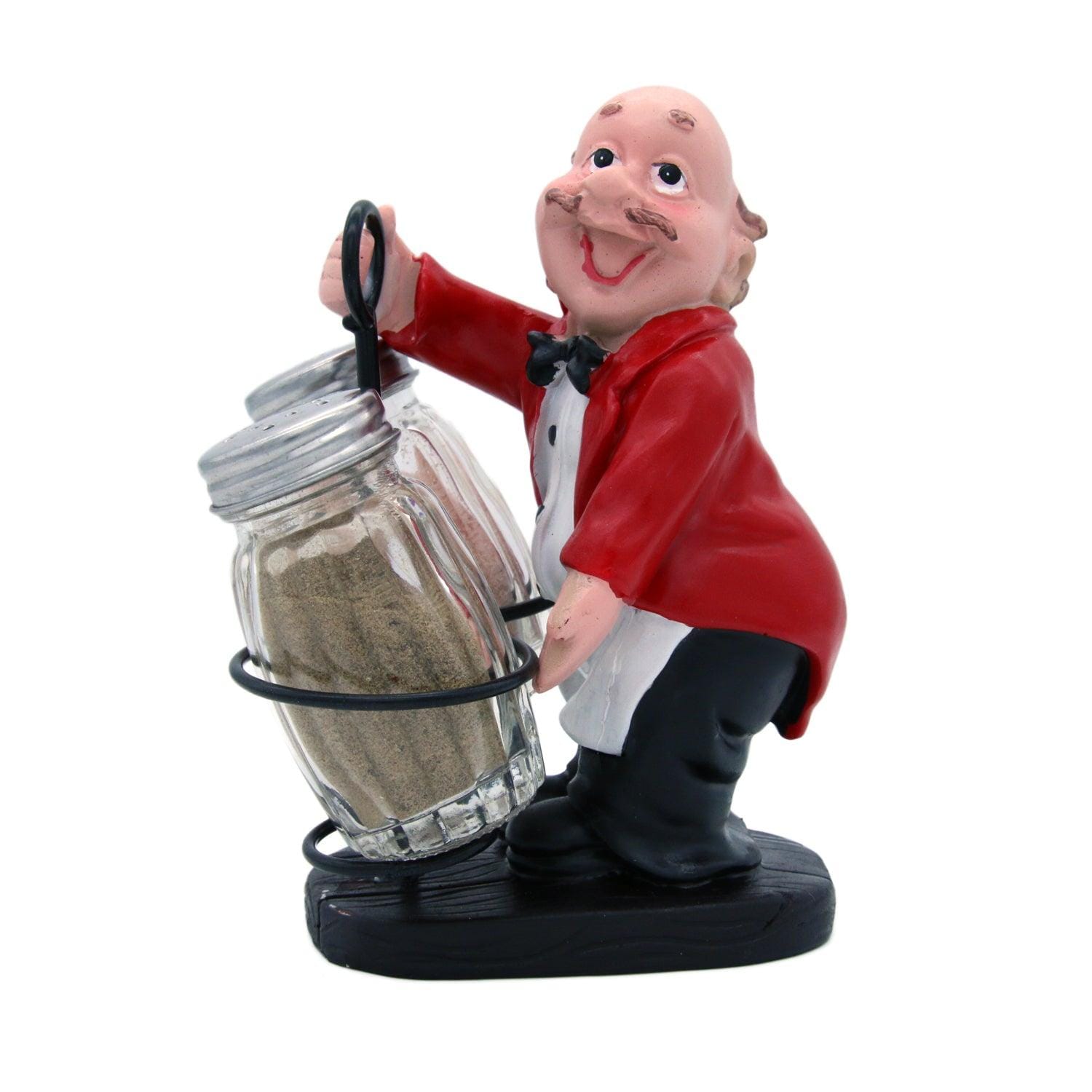 Whacky Waiter in Red Coat Figurine Resin Salt & Pepper Shakers Holder Set