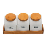 Tea, Coffee, Sugar - 3 White Ceramic Waterfall Jars with Lid on Wooden Tray Set