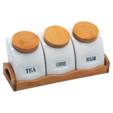 Tea, Coffee, Sugar - 3 White Ceramic Waterfall Jars with Lid on Wooden Tray Set