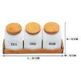 Tea, Coffee, Sugar - 3 White Ceramic Waterfall Jars with Lid on Wooden Tray Set