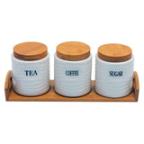 Tea, Coffee, Sugar - 3 White Ceramic Waves Jars with Lid on Wooden Tray Set