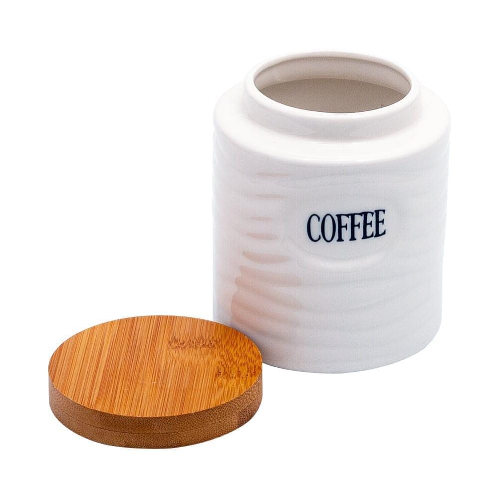 Tea, Coffee, Sugar - 3 White Ceramic Waves Jars with Lid on Wooden Tray Set