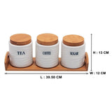 Tea, Coffee, Sugar - 3 White Ceramic Waves Jars with Lid on Wooden Tray Set