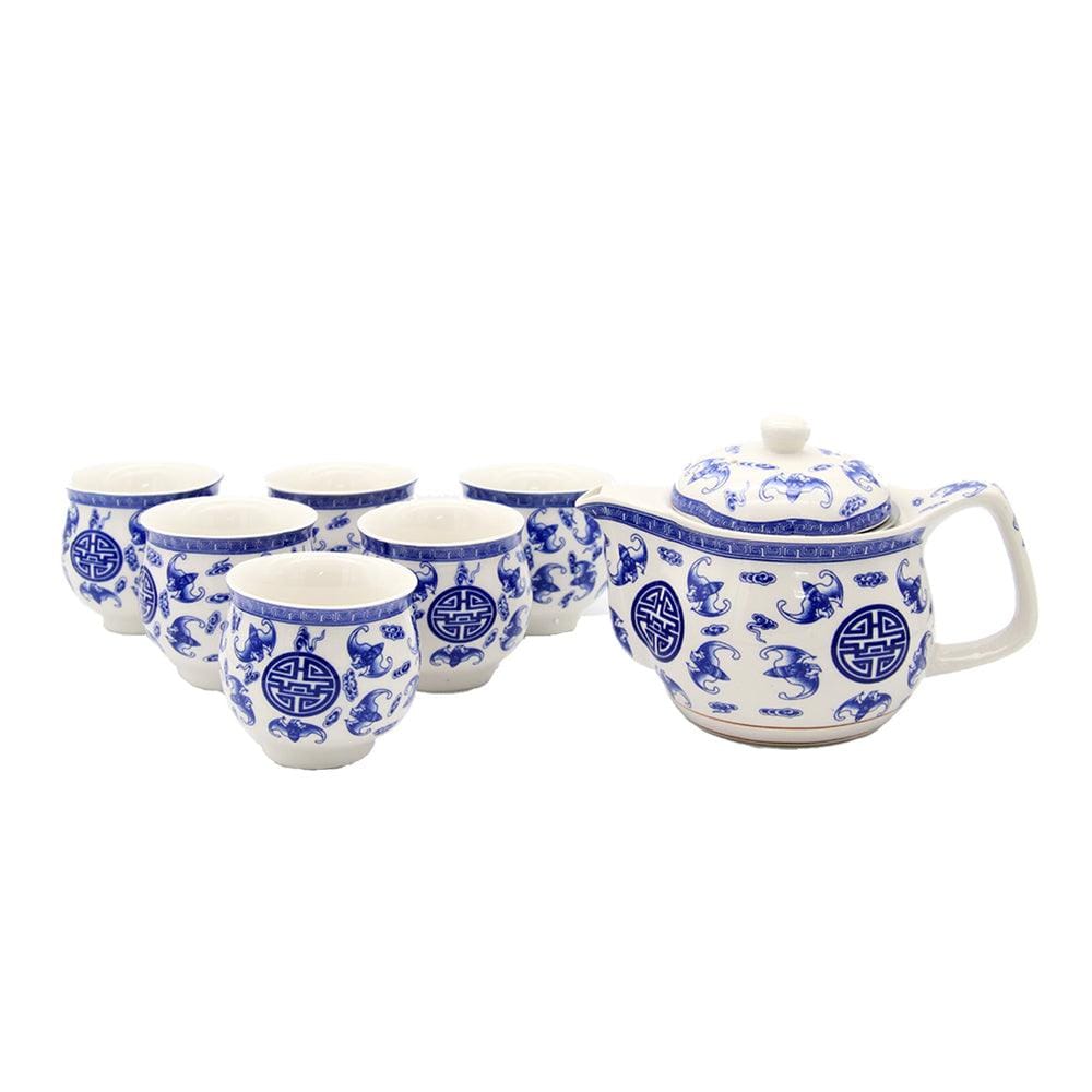 Oriental White & Blue Ceramic Tea Pot & 6 Cups Set with Stainless Steel Infuser in Gift Box