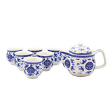 Oriental White & Blue Ceramic Tea Pot & 6 Cups Set with Stainless Steel Infuser in Gift Box