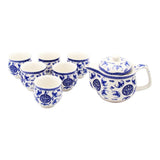 Oriental White & Blue Ceramic Tea Pot & 6 Cups Set with Stainless Steel Infuser in Gift Box