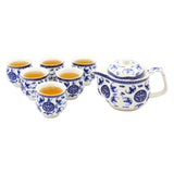 Oriental White & Blue Ceramic Tea Pot & 6 Cups Set with Stainless Steel Infuser in Gift Box