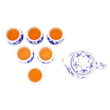 Oriental White & Blue Ceramic Tea Pot & 6 Cups Set with Stainless Steel Infuser in Gift Box