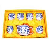 Oriental White & Blue Ceramic Tea Pot & 6 Cups Set with Stainless Steel Infuser in Gift Box