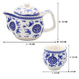 Oriental White & Blue Ceramic Tea Pot & 6 Cups Set with Stainless Steel Infuser in Gift Box