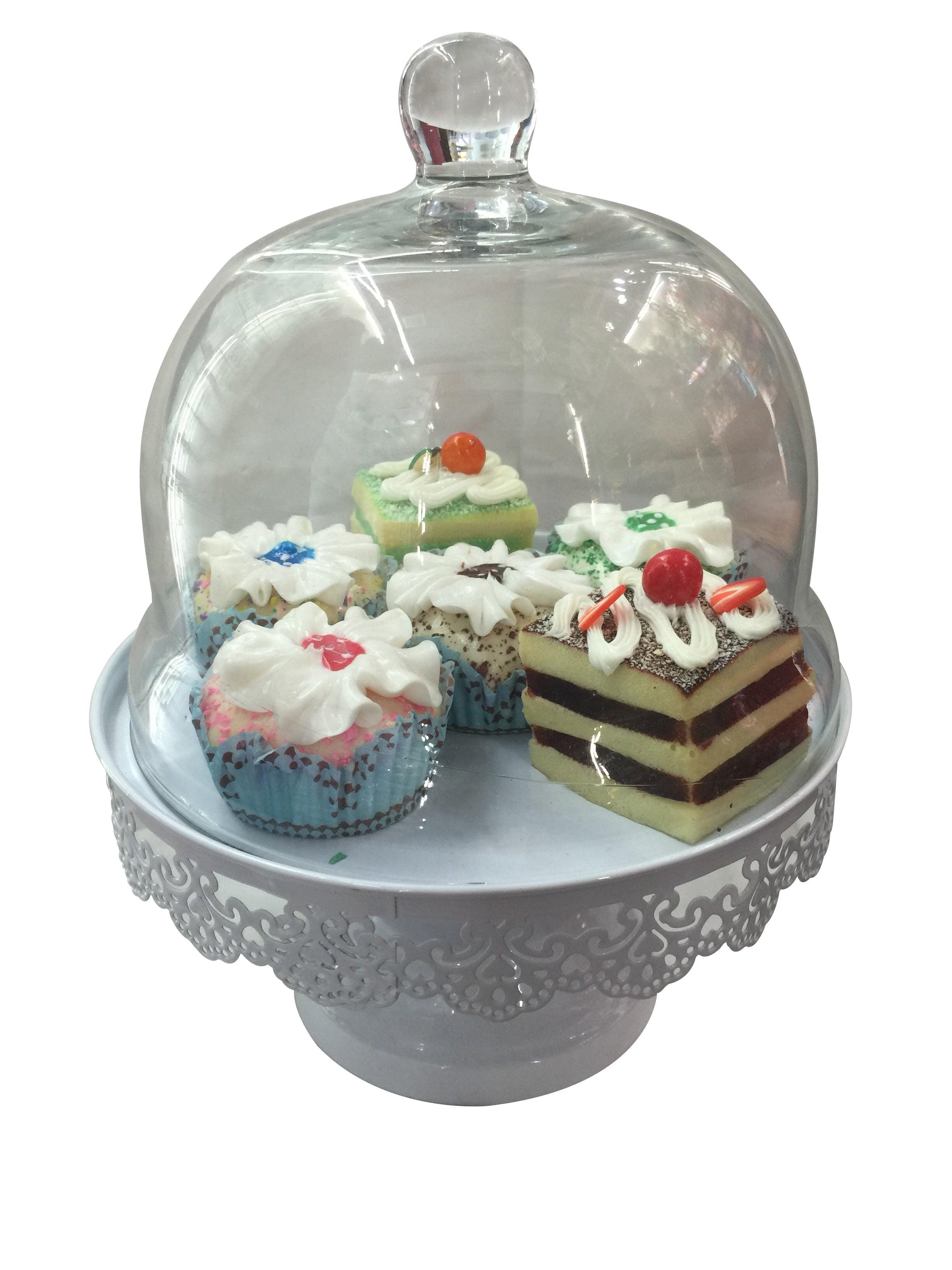 Decorative White Filigree Metal Cake & Dessert Stand with Glass Dome Set