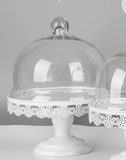 Decorative White Filigree Metal Cake & Dessert Stand with Glass Dome Set