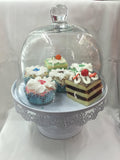 Decorative White Filigree Metal Cake & Dessert Stand with Glass Dome Set